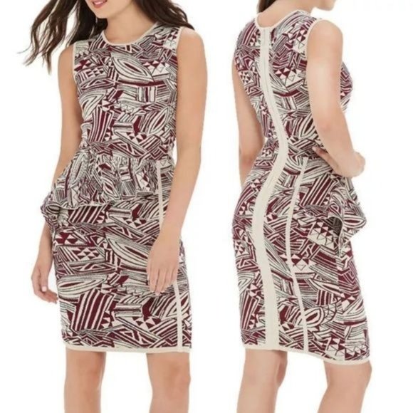 Eva Longoria Power Knit Sleeveless Peplum Dress in Maroon & Cream Print Size M - Picture 7 of 8